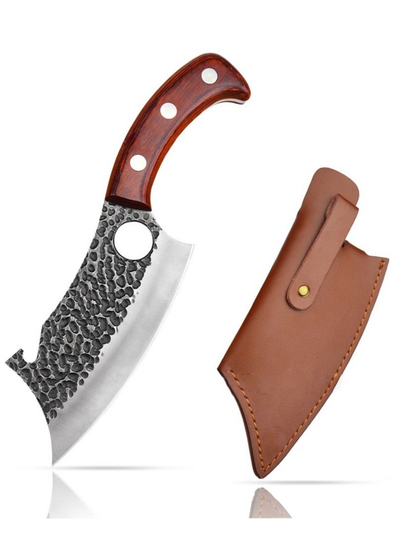 Outdoor Meat Cleaver Mini Kitchen Knife 6.5inch Full Tang with Leather Sheath  Boning  Viking Knives Multipurpose Grilling Camping Cooking Knife BBQ Tool