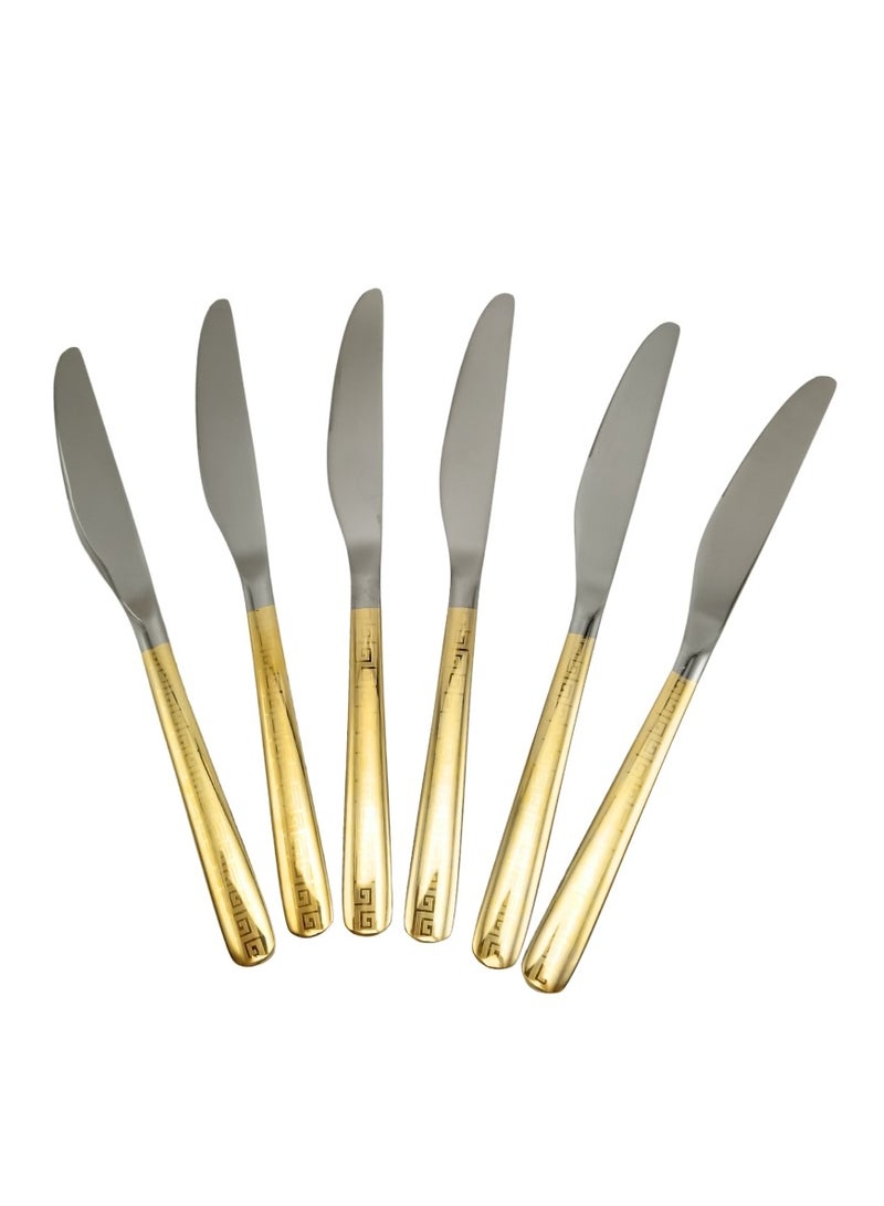 Liying 6Pcs Gold V Design Stainless Steel Steak Knives Set 22.5cm x 2cm, Modern Silver Steak Knives for Home, Kitchen, Restaurant, Fine Edge & Mirror Polished, Dishwasher Safe