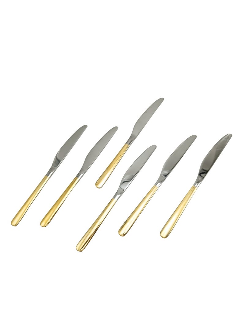 Liying 6Pcs Gold V Design Stainless Steel Steak Knives Set 22.5cm x 2cm, Modern Silver Steak Knives for Home, Kitchen, Restaurant, Fine Edge & Mirror Polished, Dishwasher Safe