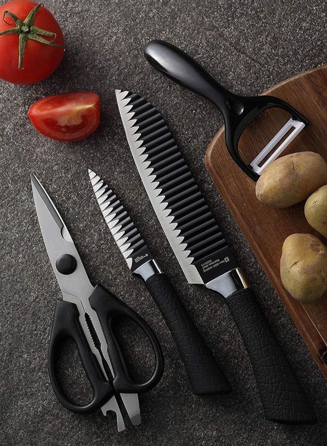 Kitchen Knife Set 6 Pcs includes a chopper, chef knife, bread knife, paring knife, scissors, and ceramic peeler, with sharp blades for cutting meat, vegetables, fruit, etc.