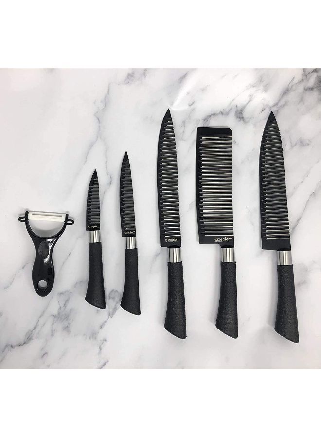 Kitchen Knife Set 6 Pcs includes a chopper, chef knife, bread knife, paring knife, scissors, and ceramic peeler, with sharp blades for cutting meat, vegetables, fruit, etc.