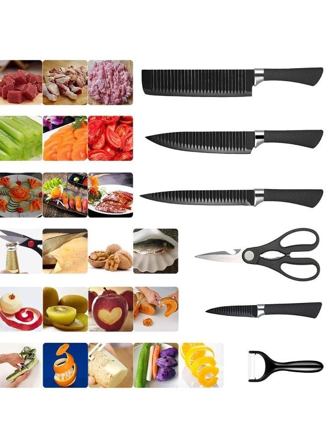 Kitchen Knife Set 6 Pcs includes a chopper, chef knife, bread knife, paring knife, scissors, and ceramic peeler, with sharp blades for cutting meat, vegetables, fruit, etc.