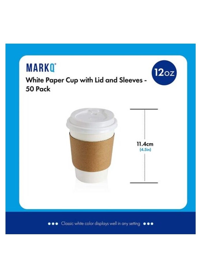 Markq [50 Sets] Disposable Coffee Cups with Lids and Sleeves - 12 oz. White Hot Paper Cups