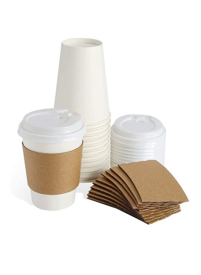 Markq [50 Sets] Disposable Coffee Cups with Lids and Sleeves - 12 oz. White Hot Paper Cups