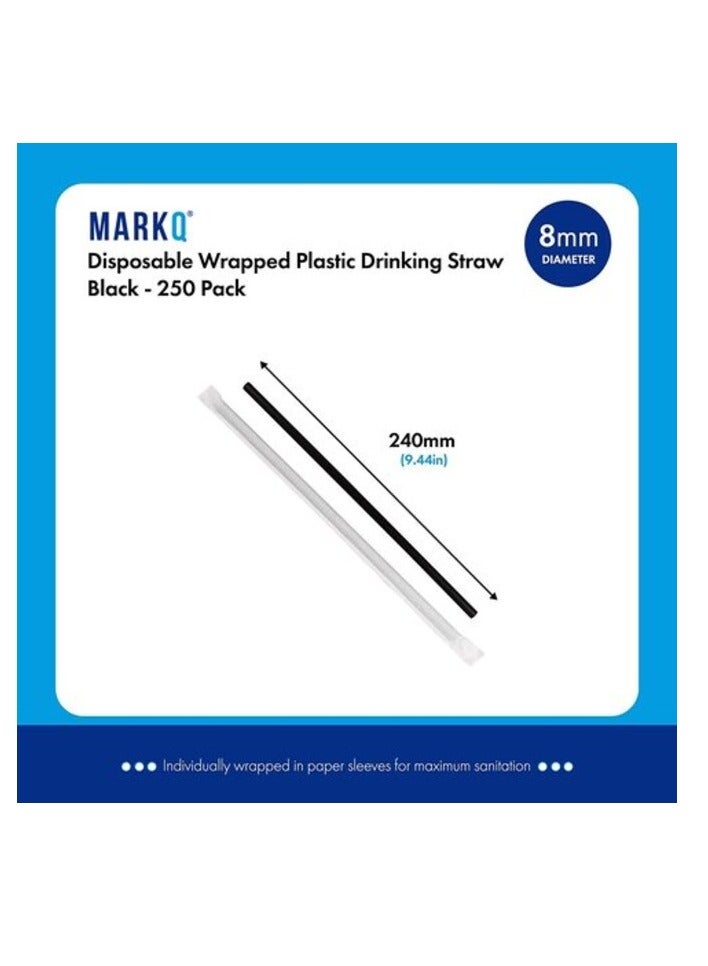 Markq Disposable Plastic Drinking Straws, 24 cm long Individually Wrapped (Black, 250 Pieces)