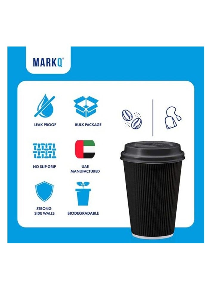 Markq [50 Sets] 12 oz. Black Disposable Coffee Cups with Lids - Triple Wall Ripple Paper Cups for Hot & Cold Drinks