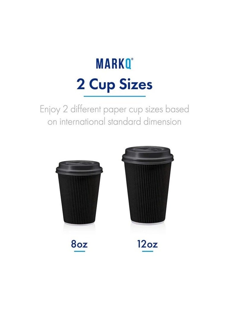 Markq [50 Sets] 12 oz. Black Disposable Coffee Cups with Lids - Triple Wall Ripple Paper Cups for Hot & Cold Drinks