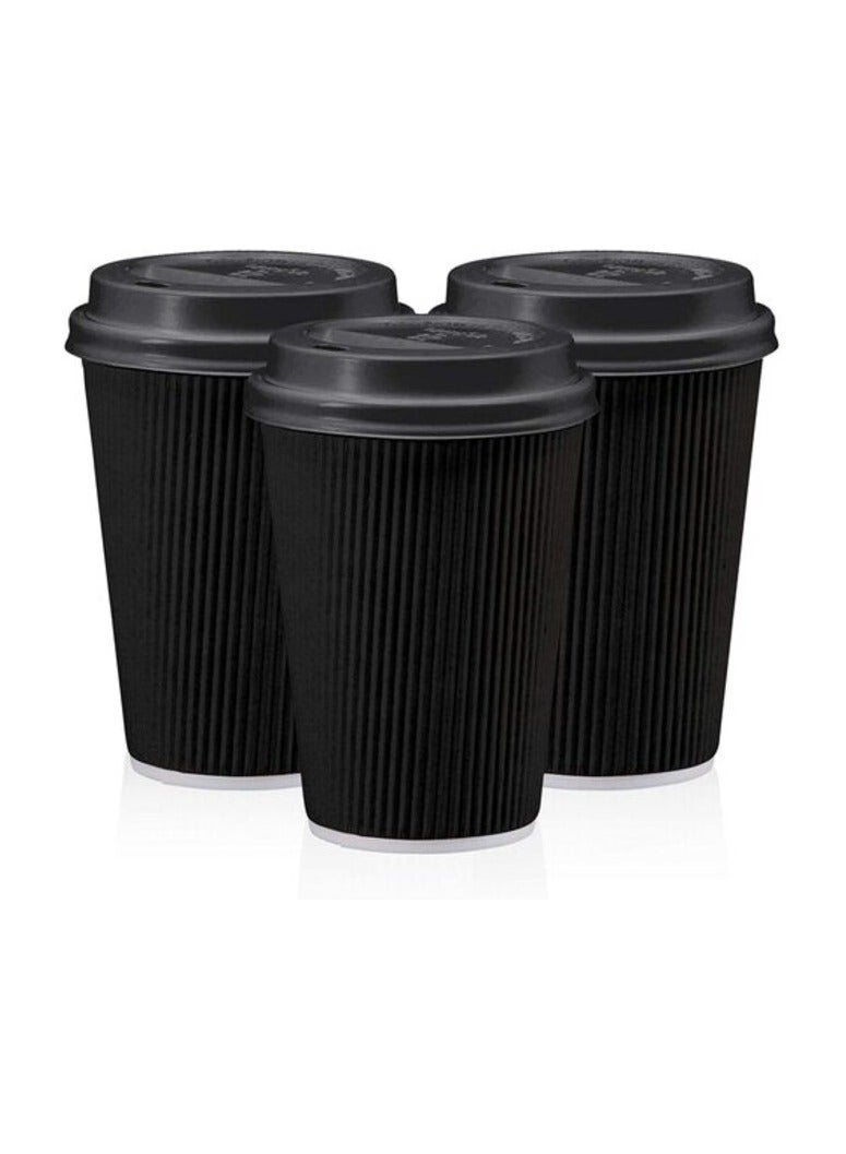 Markq [50 Sets] 12 oz. Black Disposable Coffee Cups with Lids - Triple Wall Ripple Paper Cups for Hot & Cold Drinks