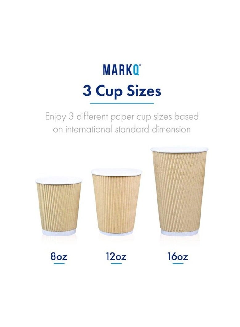 Markq [50 Cups] 8 oz. Brown Disposable Ripple Insulated Coffee Cups - Hot Beverage Corrugated Paper Cups