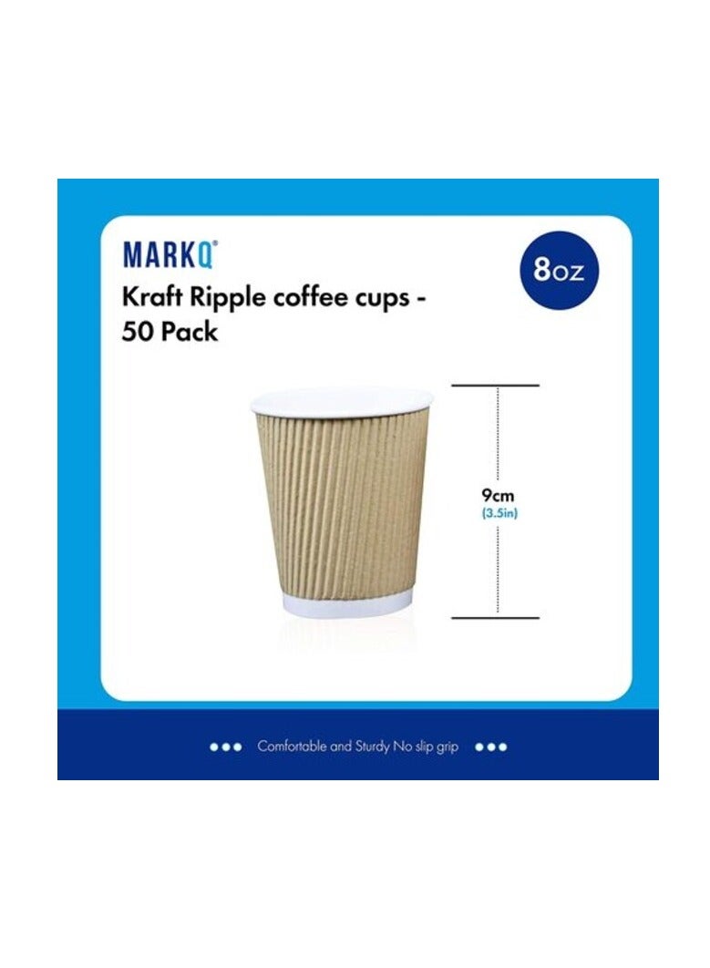 Markq [50 Cups] 8 oz. Brown Disposable Ripple Insulated Coffee Cups - Hot Beverage Corrugated Paper Cups