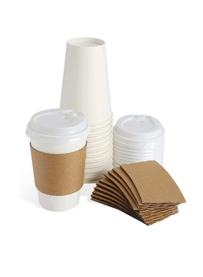 Markq [50 Sets] Disposable Coffee Cups with Lids and Sleeves - 16 oz. White Hot Paper Cup