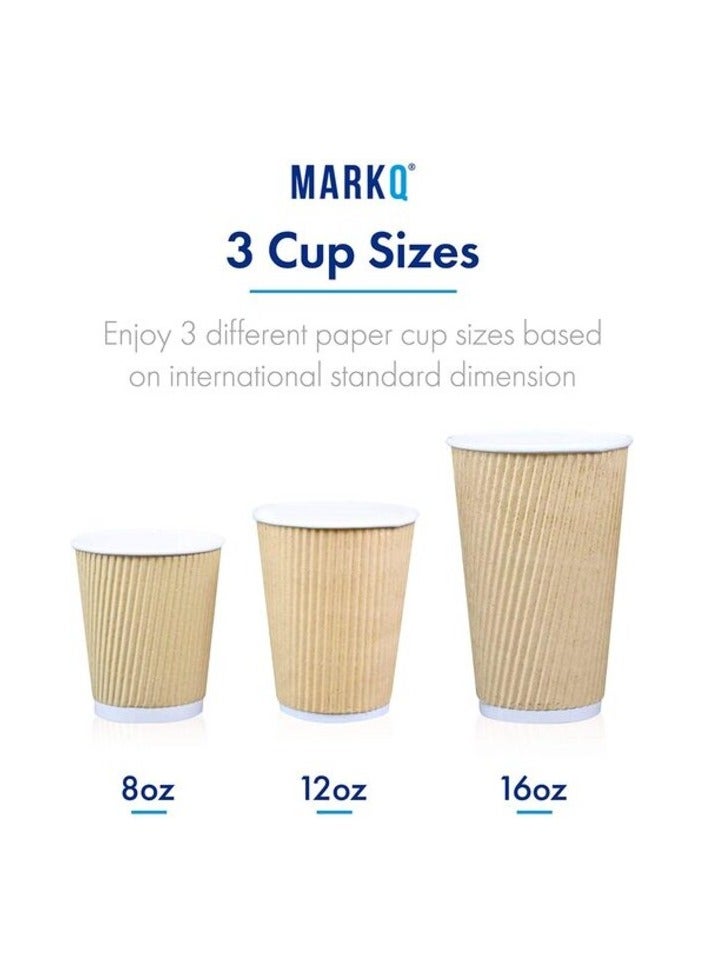 Markq [50 Cups] 12 oz. Brown Disposable Ripple Insulated Coffee Cups - Hot Beverage Corrugated Paper Cups