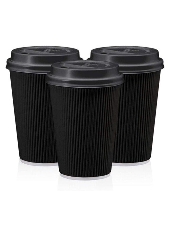 Markq [50 Sets] 8 oz. Black Disposable Coffee Cups with Lids - Triple Wall Ripple Paper Cups for Hot & Cold Drinks