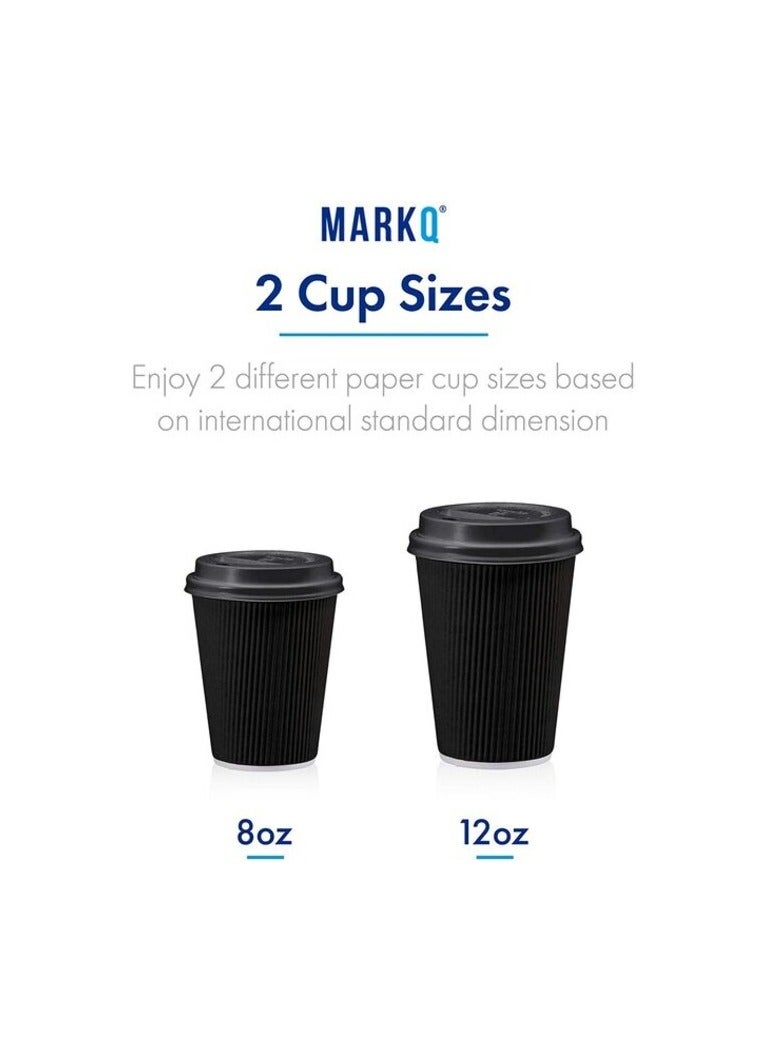 Markq [50 Sets] 8 oz. Black Disposable Coffee Cups with Lids - Triple Wall Ripple Paper Cups for Hot & Cold Drinks