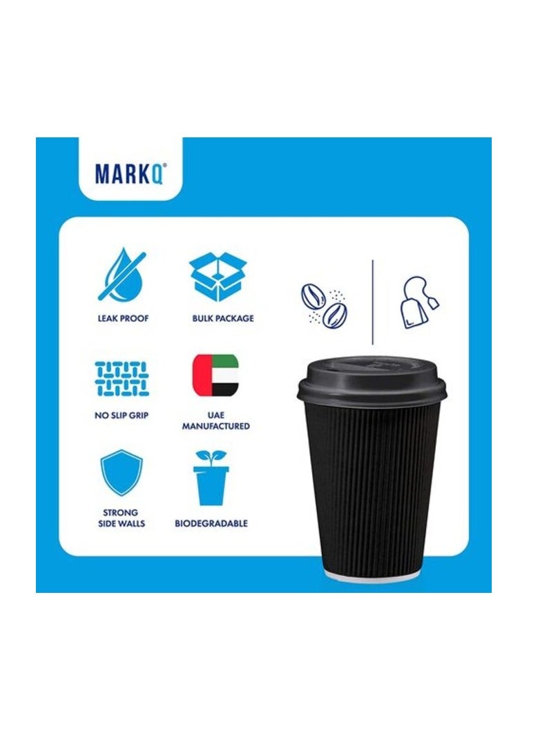 Markq [50 Sets] 8 oz. Black Disposable Coffee Cups with Lids - Triple Wall Ripple Paper Cups for Hot & Cold Drinks