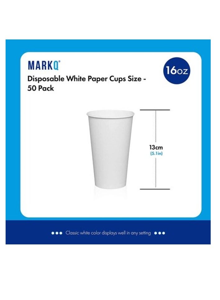 Markq [50 Cups] 16 oz. White Paper Cups - Available in 4oz, 7oz, 8oz, 12oz- Disposable Hot Drinks, Latte, Cappuccino, Coffee Cups