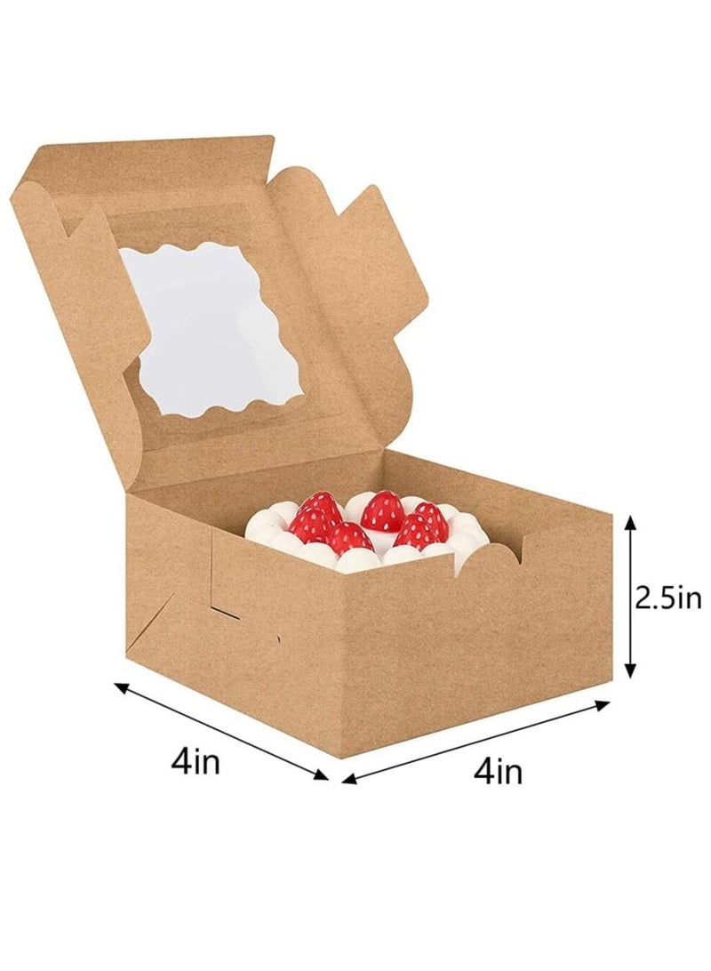Cake Box 20 Pcs 4 x 4 x 2.5 Inches Brown Cookie Boxes with PVC Window Paper Bakery Boxes Pastry Boxes Cupcake Boxes for Pies Donuts Cookies and Muffins