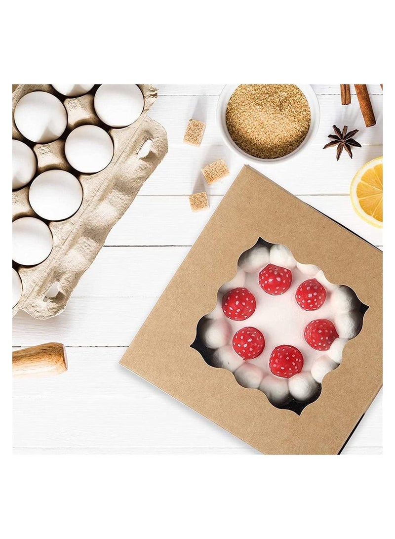 Cake Box 20 Pcs 4 x 4 x 2.5 Inches Brown Cookie Boxes with PVC Window Paper Bakery Boxes Pastry Boxes Cupcake Boxes for Pies Donuts Cookies and Muffins