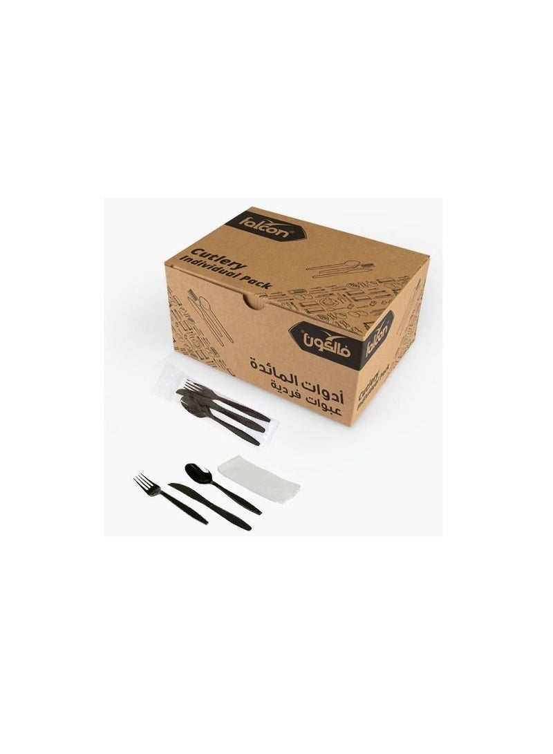 Disposable Individual Cutlery Set Black Spoon Fork Knife Napkin 1 Carton x 500 Pieces