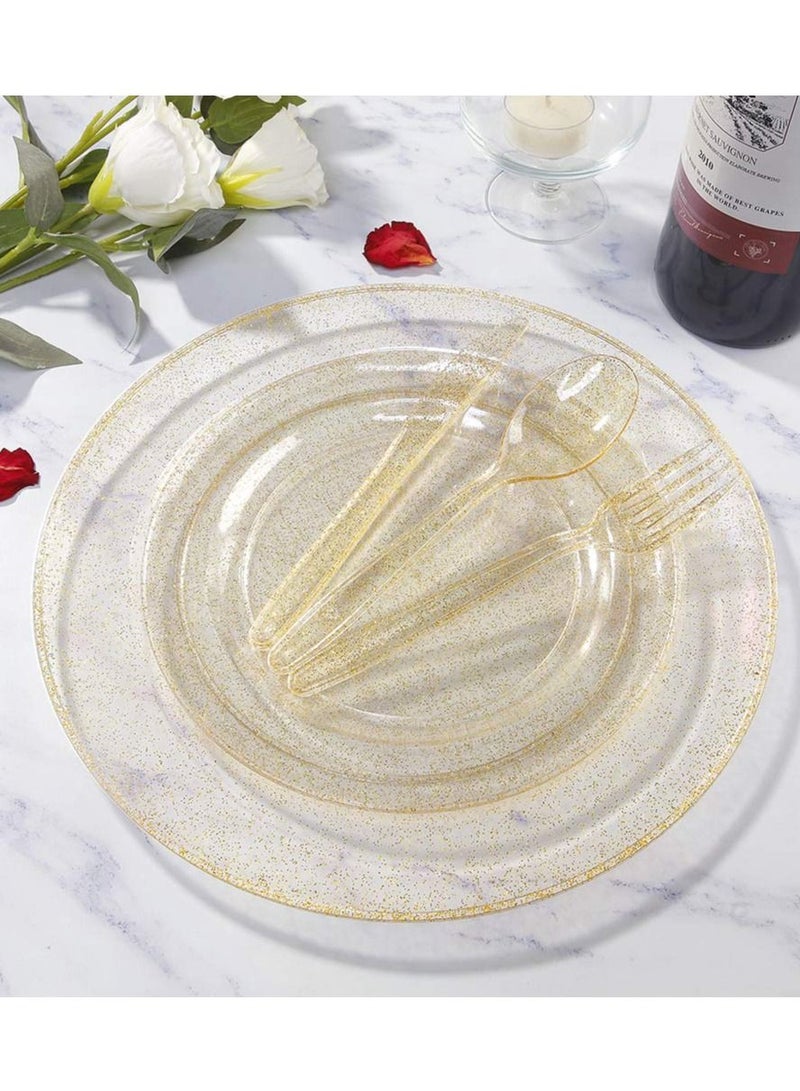 30 Pieces PVC Plastic Knife and Fork Cutlery Set,Disposable Gold Glitter Plastic Tableware Set - Plastic Tableware Includes: 10 Gold Forks, 10 Gold Spoons, 10 Gold Knives Fancy Partyware