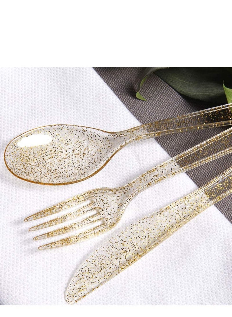 30 Pieces PVC Plastic Knife and Fork Cutlery Set,Disposable Gold Glitter Plastic Tableware Set - Plastic Tableware Includes: 10 Gold Forks, 10 Gold Spoons, 10 Gold Knives Fancy Partyware