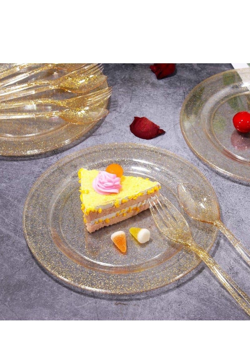 30 Pieces PVC Plastic Knife and Fork Cutlery Set,Disposable Gold Glitter Plastic Tableware Set - Plastic Tableware Includes: 10 Gold Forks, 10 Gold Spoons, 10 Gold Knives Fancy Partyware