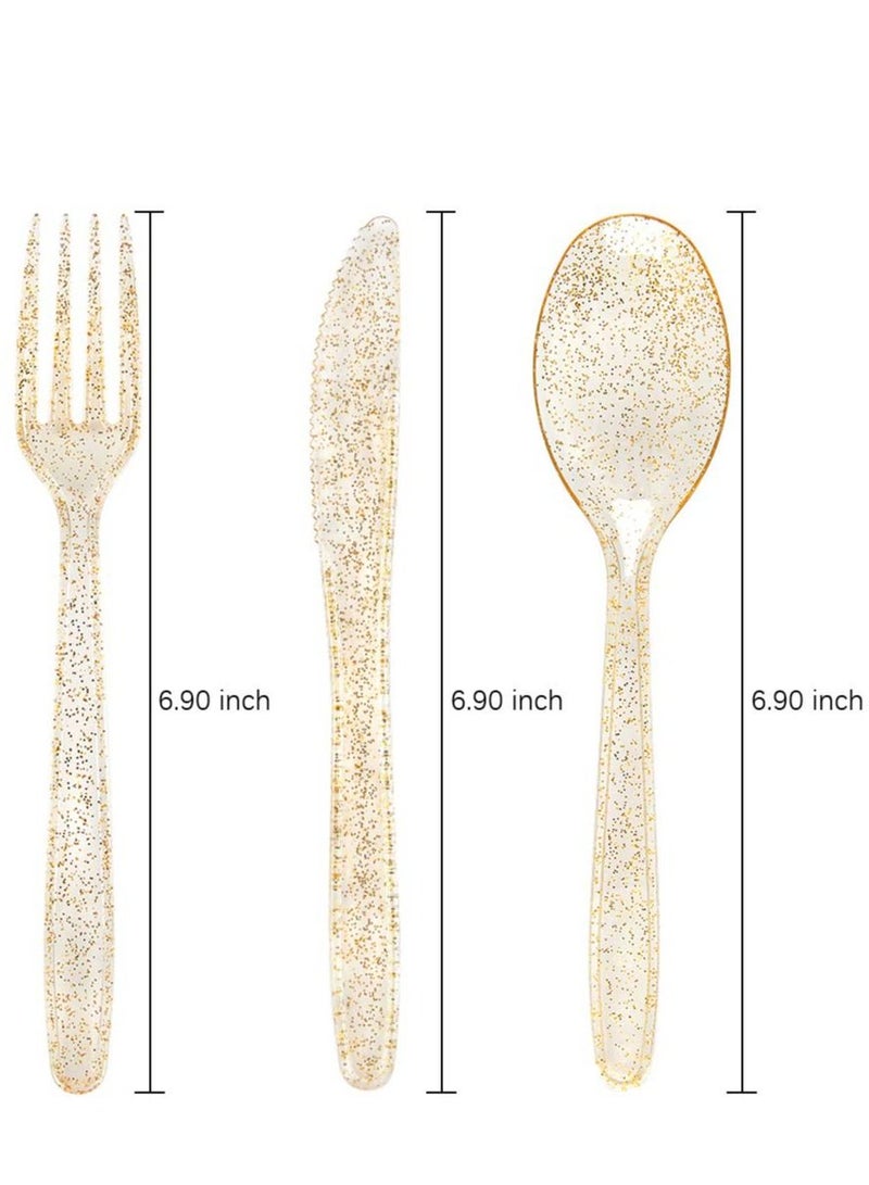 30 Pieces PVC Plastic Knife and Fork Cutlery Set,Disposable Gold Glitter Tableware Set - Includes: 10 Forks, Spoons, Knives Fancy Partyware