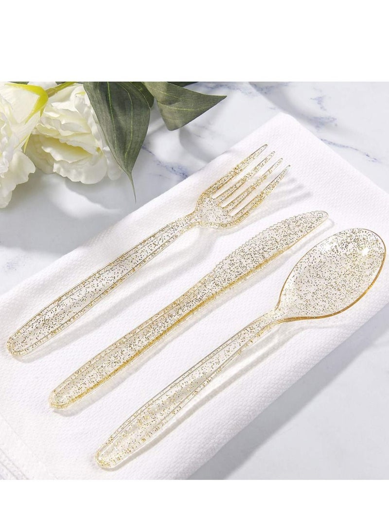 30 Pieces PVC Plastic Knife and Fork Cutlery Set,Disposable Gold Glitter Tableware Set - Includes: 10 Forks, Spoons, Knives Fancy Partyware