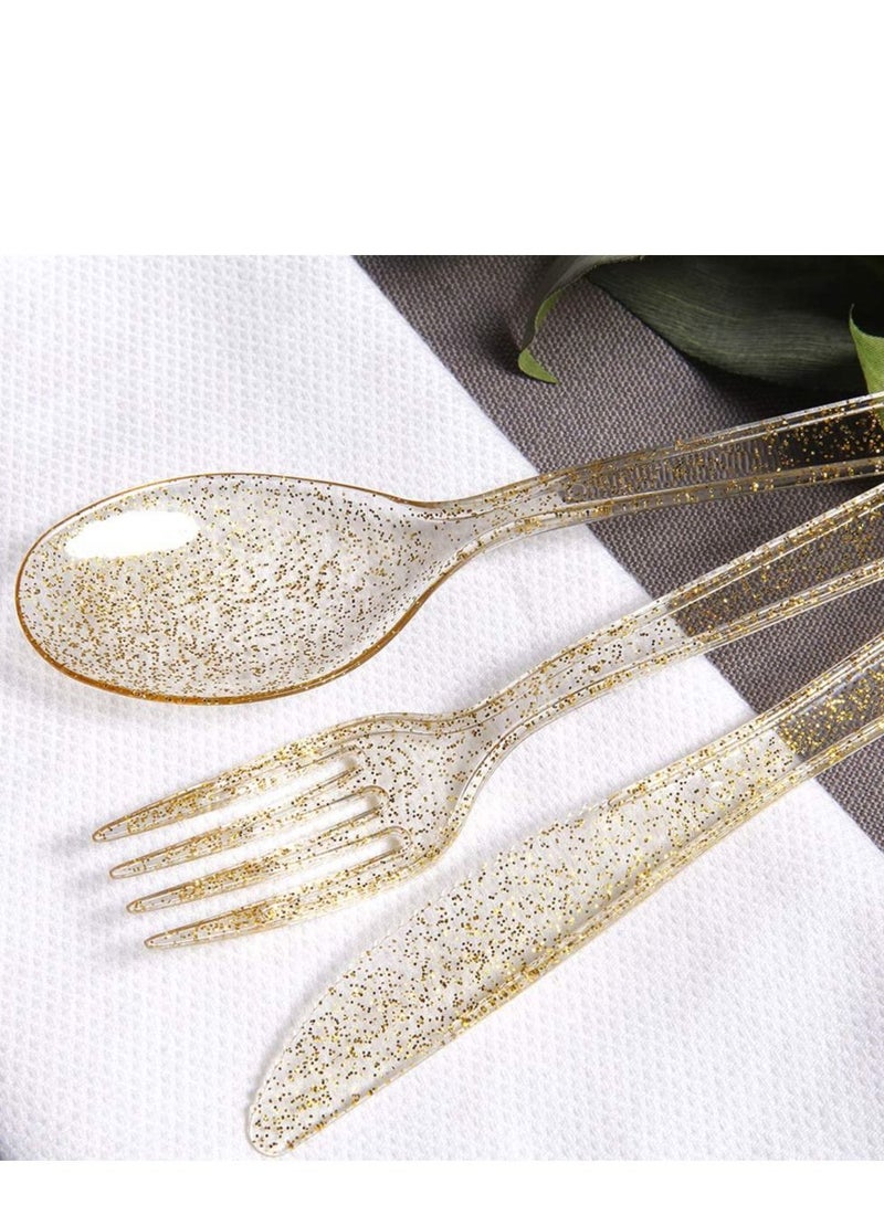 30 Pieces PVC Plastic Knife and Fork Cutlery Set,Disposable Gold Glitter Tableware Set - Includes: 10 Forks, Spoons, Knives Fancy Partyware