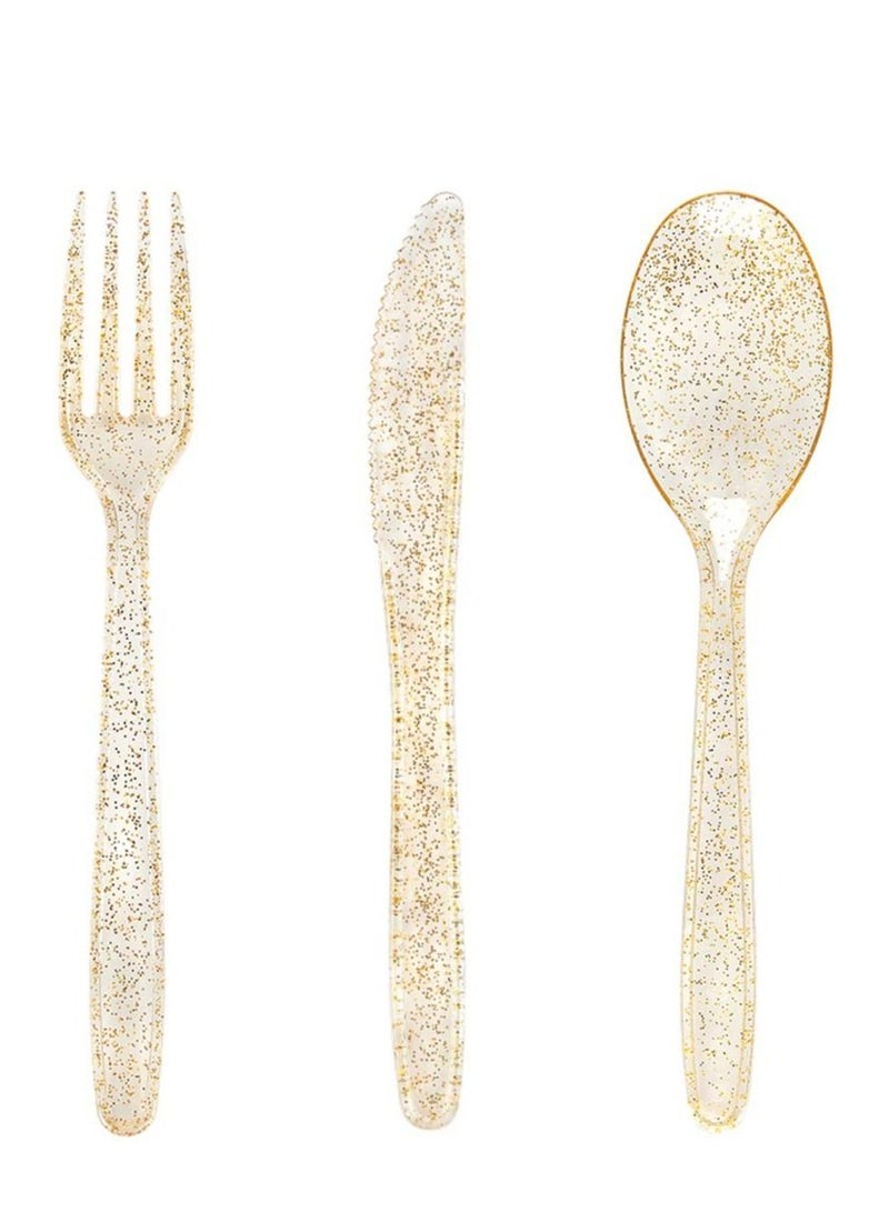 30 Pieces PVC Plastic Knife and Fork Cutlery Set,Disposable Gold Glitter Tableware Set - Includes: 10 Forks, Spoons, Knives Fancy Partyware