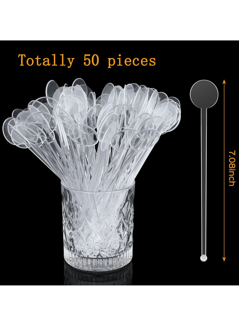 SYOSI Disposable Cocktail Swizzle Sticks, Clear Plastic Stirrers with Disc Top 7 Inches Drinks Mixing Rod for Coffee Cocktail Beverage (50Pcs)