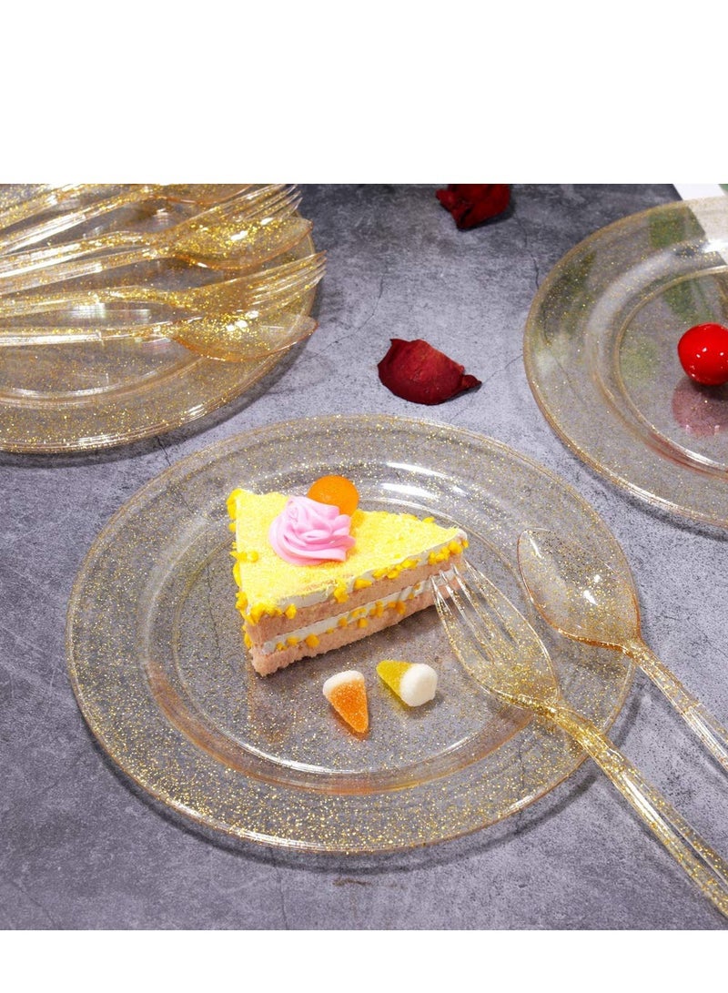 30 Pieces PVC Plastic Knife and Fork Cutlery Set,Disposable Gold Glitter Plastic Tableware Set - Plastic Tableware Includes: 10 Gold Forks, 10 Gold Spoons, 10 Gold Knives Fancy Partyware