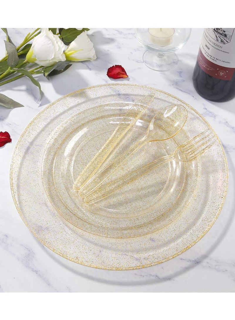 30 Pieces PVC Plastic Knife and Fork Cutlery Set,Disposable Gold Glitter Plastic Tableware Set - Plastic Tableware Includes: 10 Gold Forks, 10 Gold Spoons, 10 Gold Knives Fancy Partyware