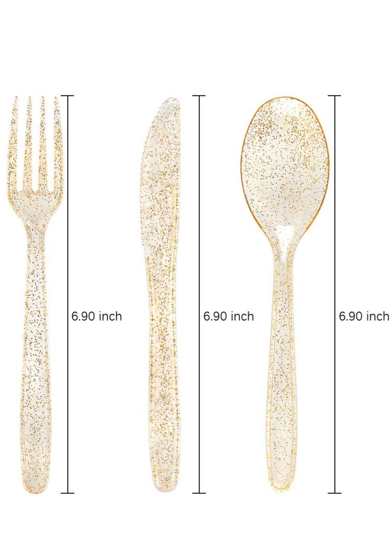 30 Pieces PVC Plastic Knife and Fork Cutlery Set,Disposable Gold Glitter Plastic Tableware Set - Plastic Tableware Includes: 10 Gold Forks, 10 Gold Spoons, 10 Gold Knives Fancy Partyware