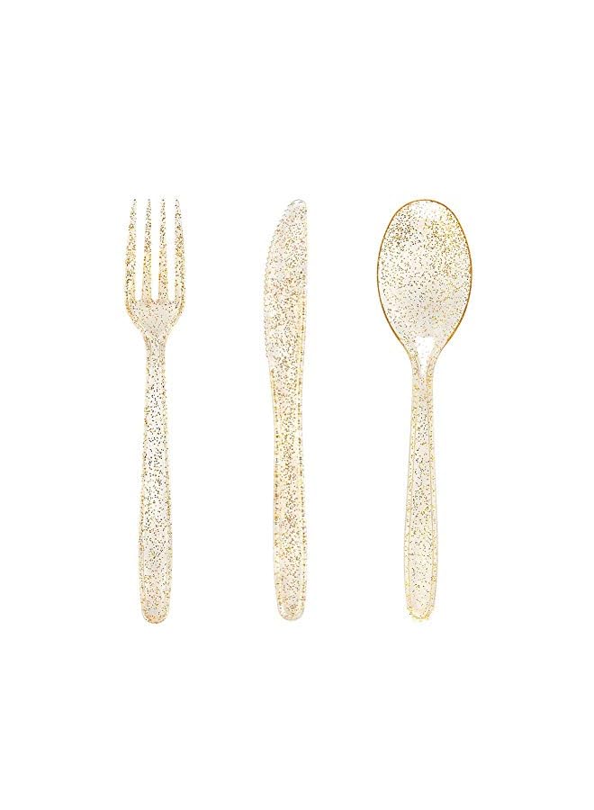 Pieces PVC Plastic Knife and Fork Cutlery Set,Disposable Gold Glitter Plastic Tableware Set - Plastic Tableware Includes: 10 Gold Forks, 10 Gold Spoons, 10 Gold Knives Fancy Partyware