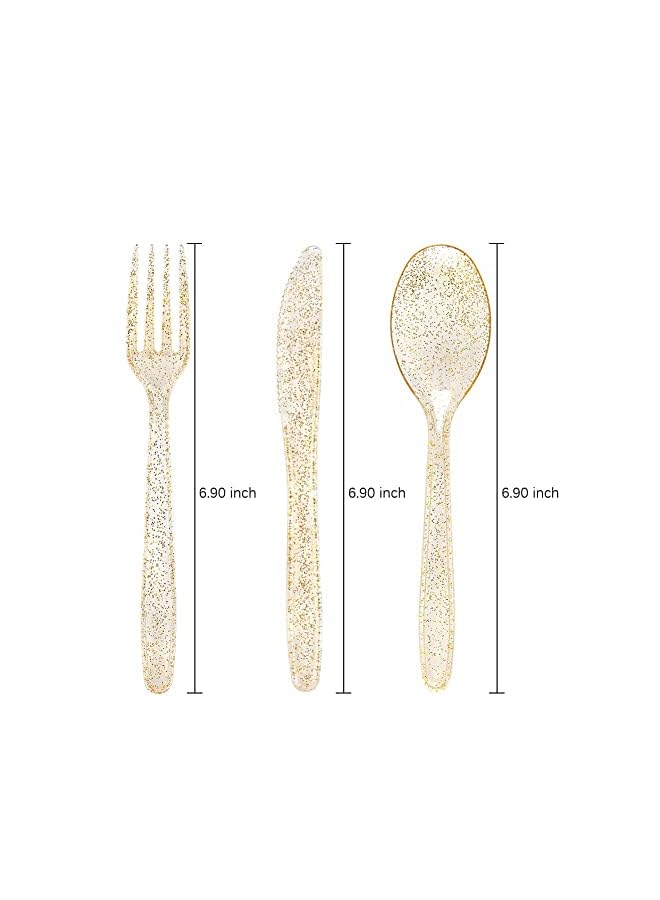 Pieces PVC Plastic Knife and Fork Cutlery Set,Disposable Gold Glitter Plastic Tableware Set - Plastic Tableware Includes: 10 Gold Forks, 10 Gold Spoons, 10 Gold Knives Fancy Partyware