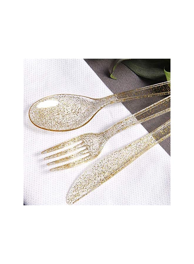 Pieces PVC Plastic Knife and Fork Cutlery Set,Disposable Gold Glitter Plastic Tableware Set - Plastic Tableware Includes: 10 Gold Forks, 10 Gold Spoons, 10 Gold Knives Fancy Partyware