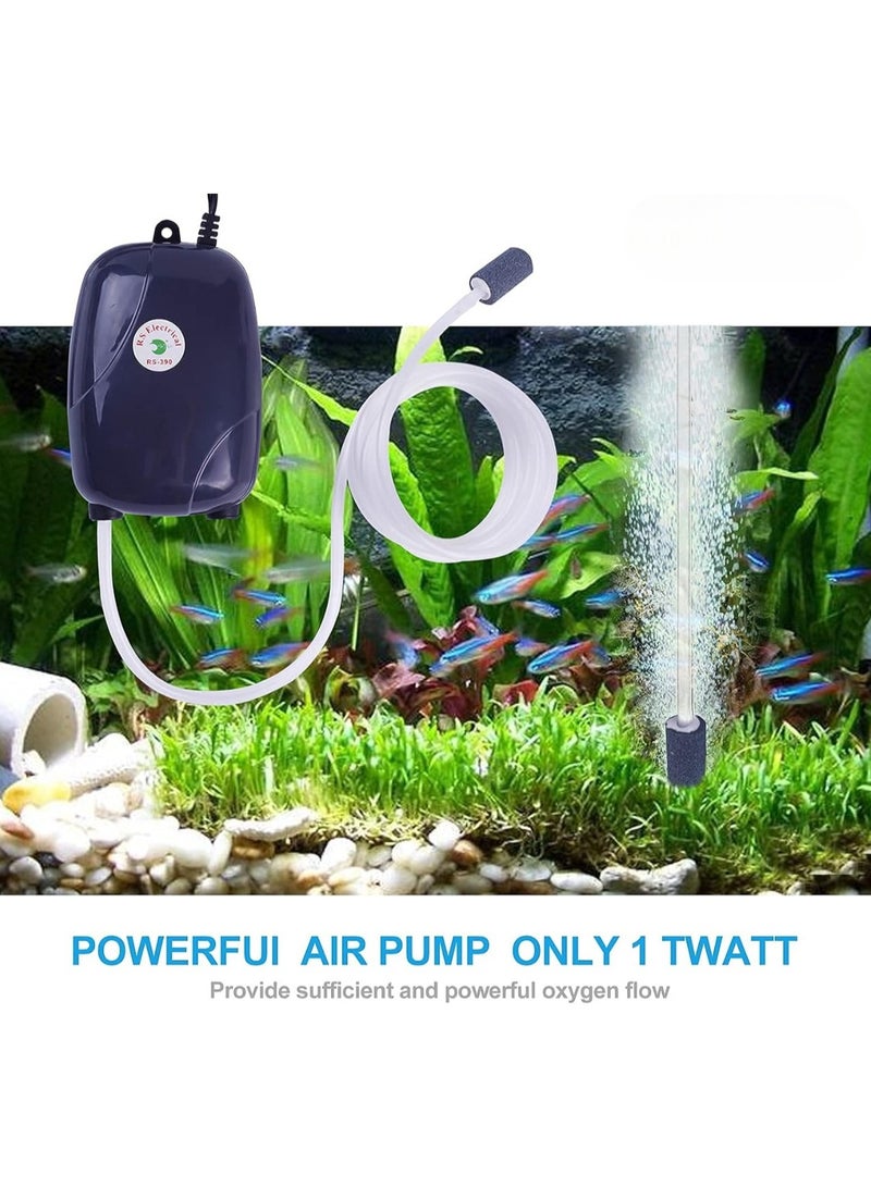 Aquarium Air Pump with Dual Outlets for Whisper Quiet Operation Complete with Accessories Including 2 Air Stones and 2 Meters of Silicone Tubing for Optimal Oxygenation