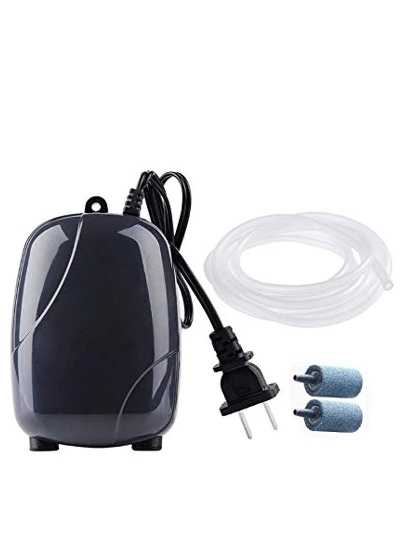 Aquarium Air Pump with Dual Outlets for Whisper Quiet Operation Complete with Accessories Including 2 Air Stones and 2 Meters of Silicone Tubing for Optimal Oxygenation