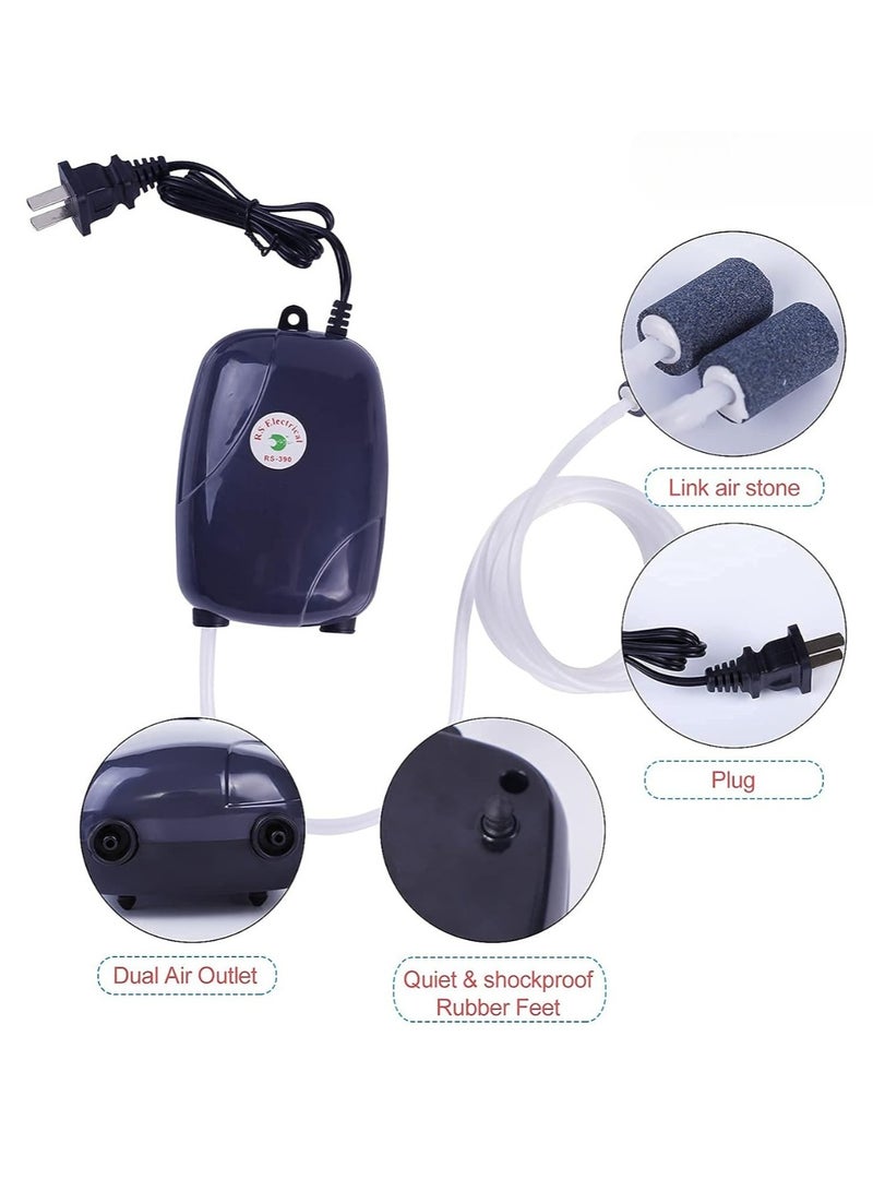 Aquarium Air Pump with Dual Outlets for Whisper Quiet Operation Complete with Accessories Including 2 Air Stones and 2 Meters of Silicone Tubing for Optimal Oxygenation