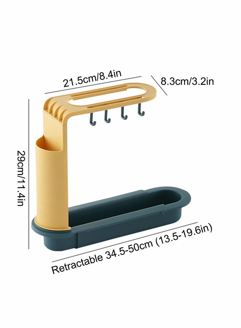 Telescopic Sink Storage Rack Adjustable Length 3-in-1 Organizer Tray Holder Sponge Soap with Dishcloth Hanger Chopstick Expandable Drain Basket for Home Kitchen