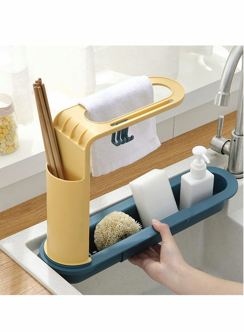 Telescopic Sink Storage Rack Adjustable Length 3-in-1 Organizer Tray Holder Sponge Soap with Dishcloth Hanger Chopstick Expandable Drain Basket for Home Kitchen