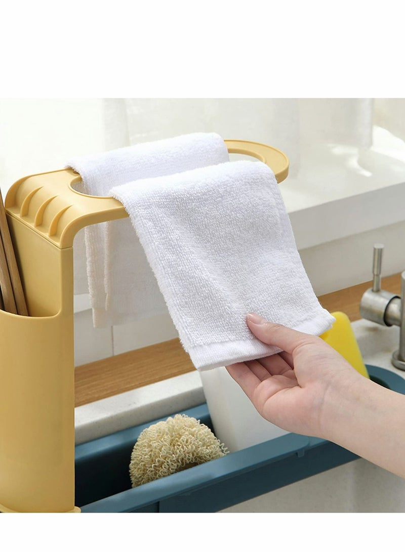 Telescopic Sink Storage Rack Adjustable Length 3-in-1 Organizer Tray Holder Sponge Soap with Dishcloth Hanger Chopstick Expandable Drain Basket for Home Kitchen