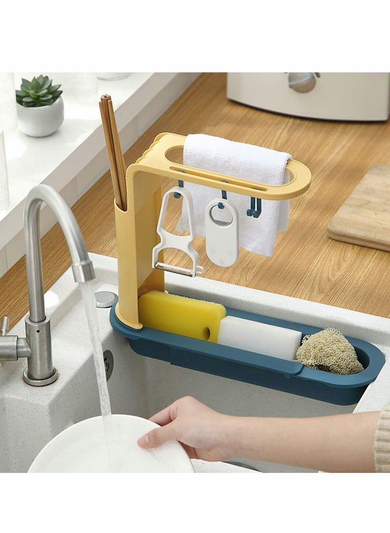 Telescopic Sink Storage Rack Adjustable Length 3-in-1 Organizer Tray Holder Sponge Soap with Dishcloth Hanger Chopstick Expandable Drain Basket for Home Kitchen