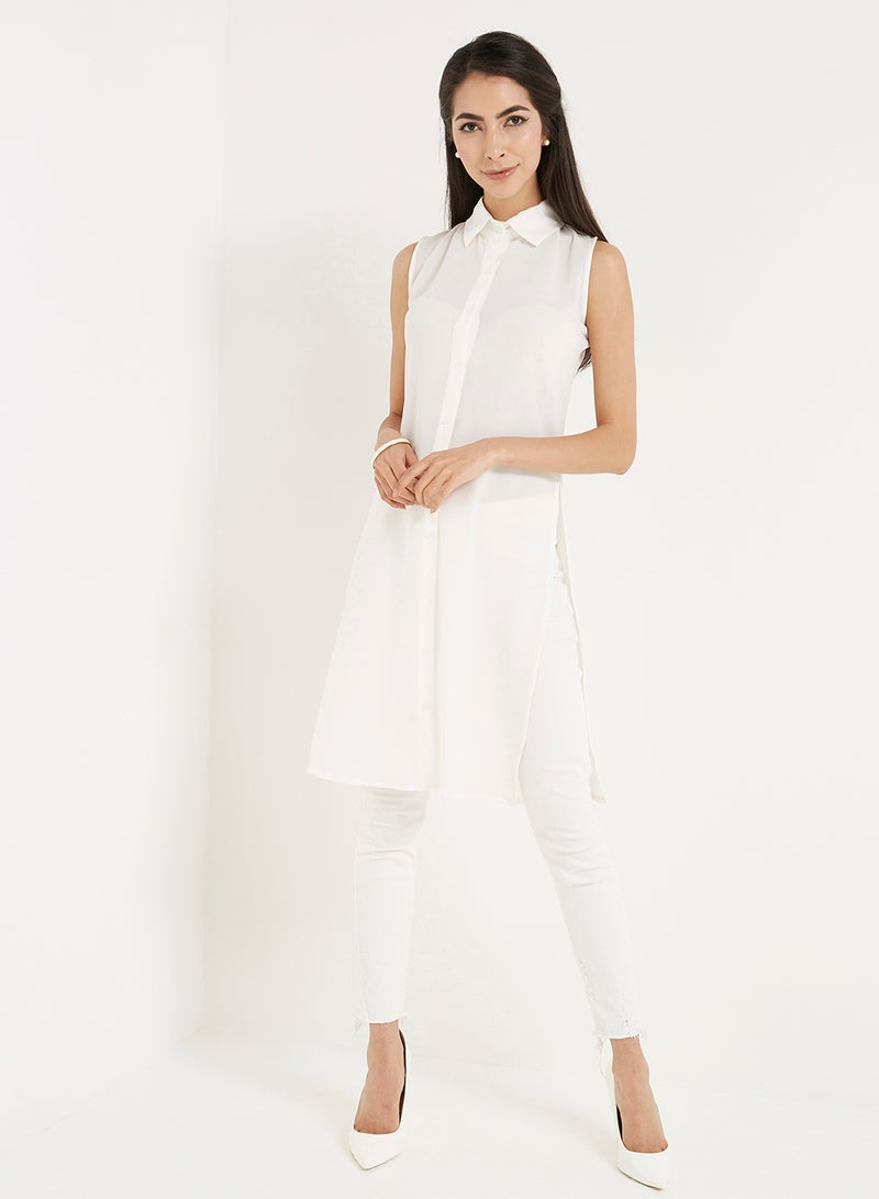 Collared Neck Blouse Top White