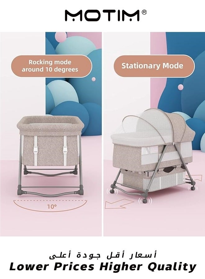 2 in 1 Portable Movable Crib Foldable Baby Bassinet with Mosquito Shade Net Storage Basket and Memory Foam Mattress Khaki