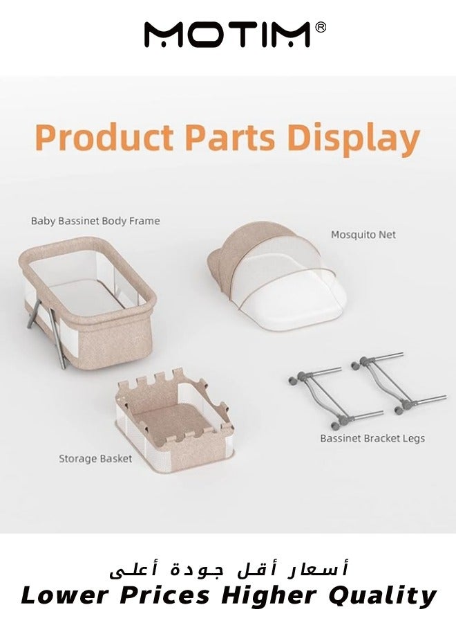 2 in 1 Portable Movable Crib Foldable Baby Bassinet with Mosquito Shade Net Storage Basket and Memory Foam Mattress Khaki