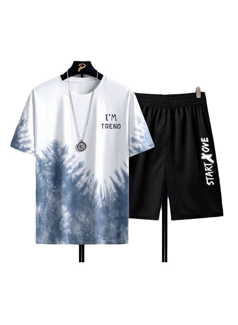 Trendy printed short-sleeved T-shirt summer new men's casual suit shorts short-sleeved T-shirt two-piece set