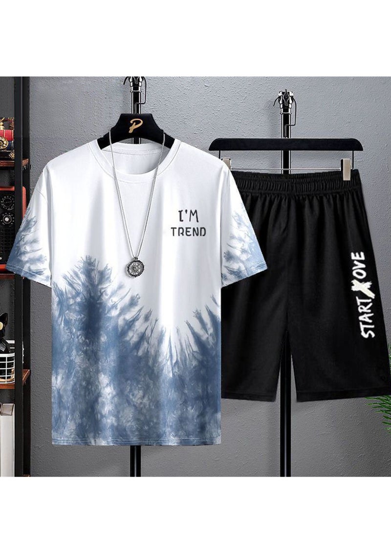 Trendy printed short-sleeved T-shirt summer new men's casual suit shorts short-sleeved T-shirt two-piece set