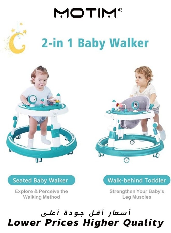 4 in 1 Baby Walker Multifunctional Height Adjustable Baby Walker Stroller with Removable Music Tray Toys Foot Pads Learning Seat Swivel Wheels Safe and Comfortable for 6-18 Months